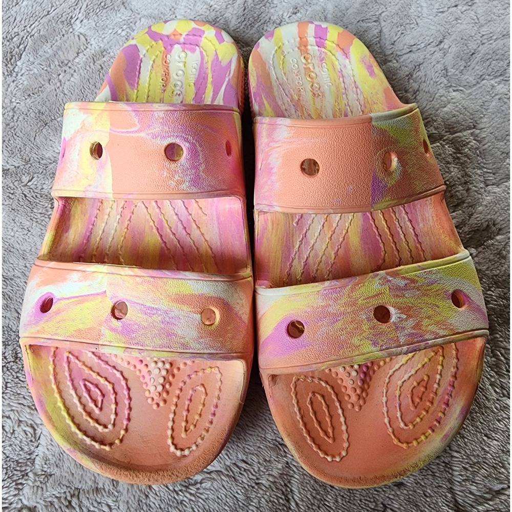 Crocs Classic Marbled Slide Sandals Orange Pink Yellow Swirl Womens 6 Mens 4